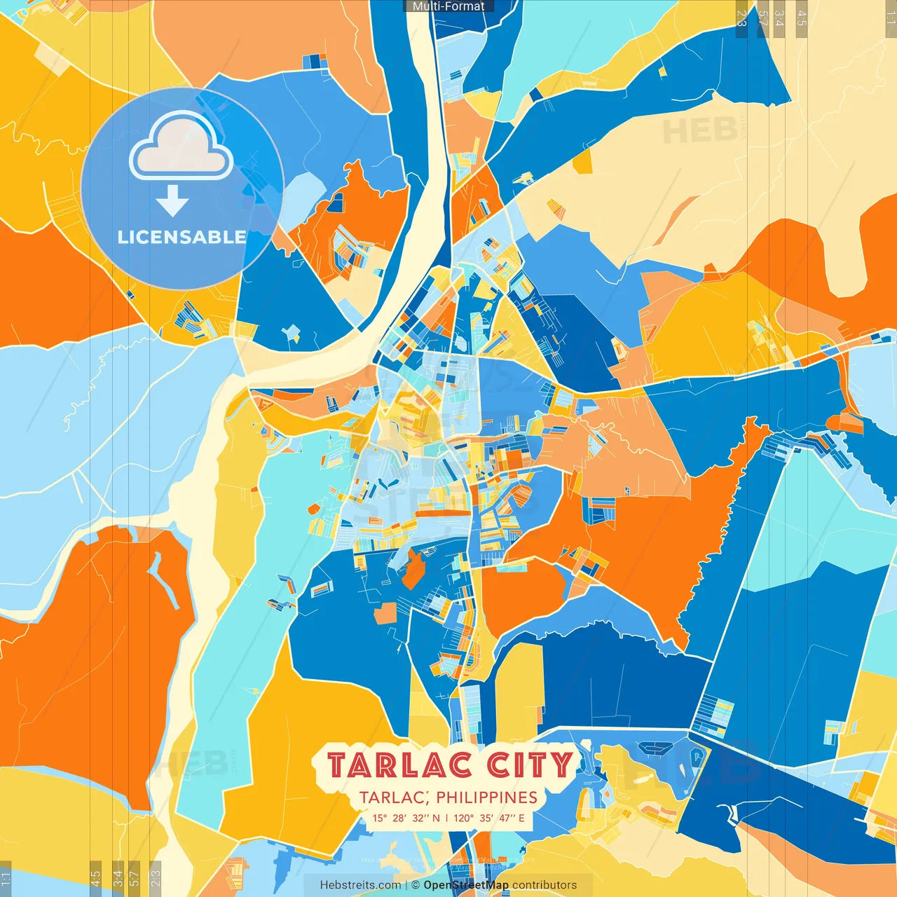 Tarlac City, Tarlac, Philippines blue and orange vector art map template