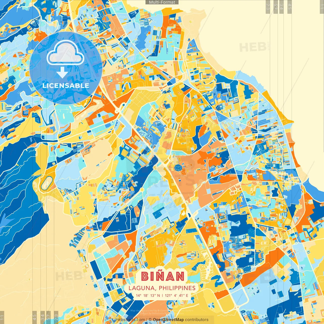 Biñan, Laguna, Philippines blue and orange vector art map template
