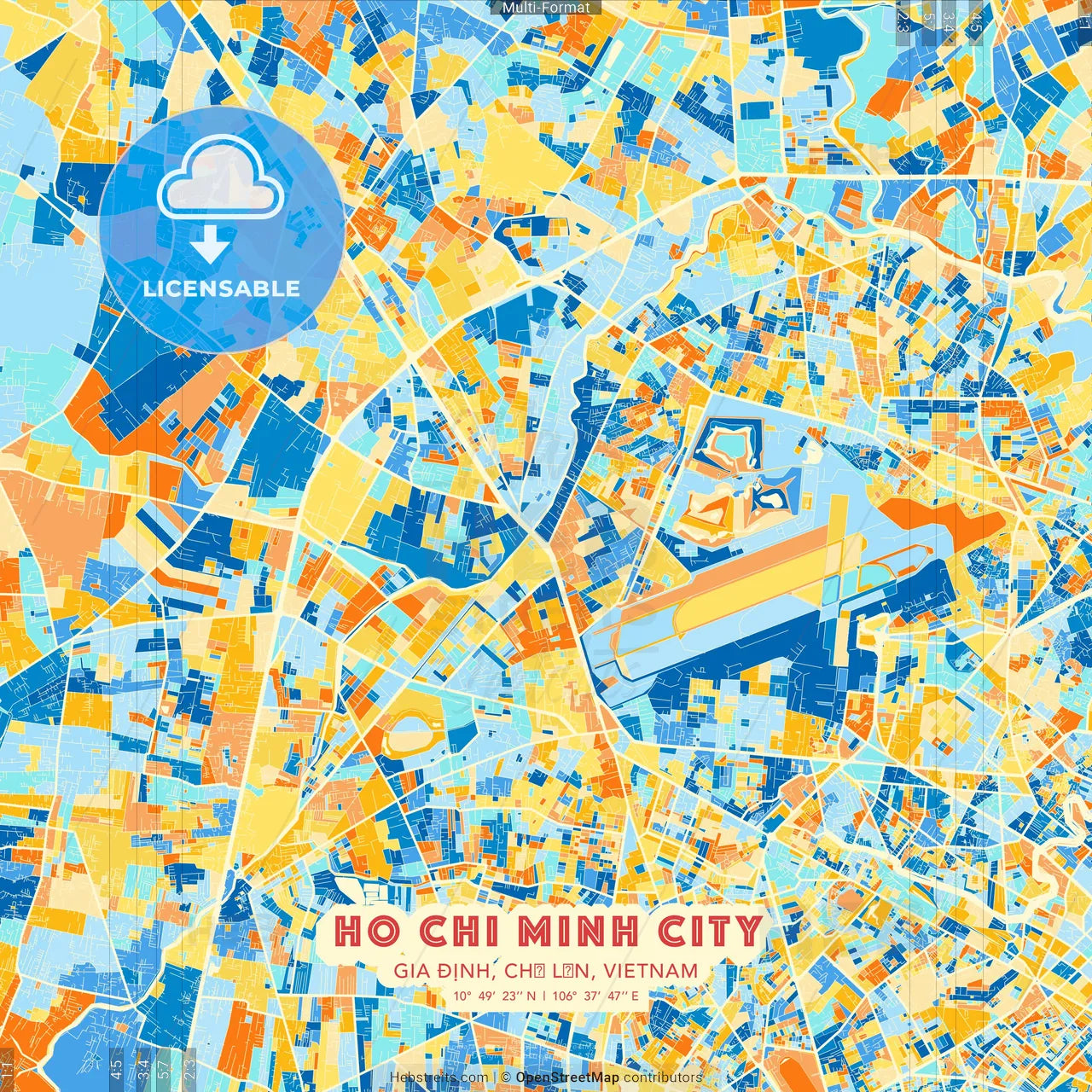 Ho Chi Minh City, Gia Định, Chợ Lớn, Vietnam blue and orange vector art map template