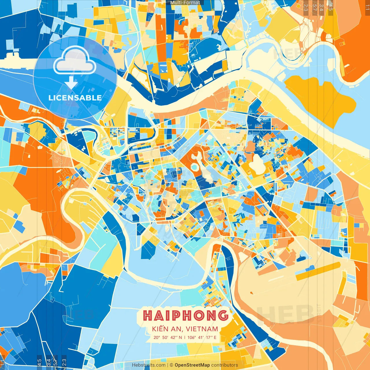 Haiphong, Kiến An, Vietnam blue and orange vector art map template