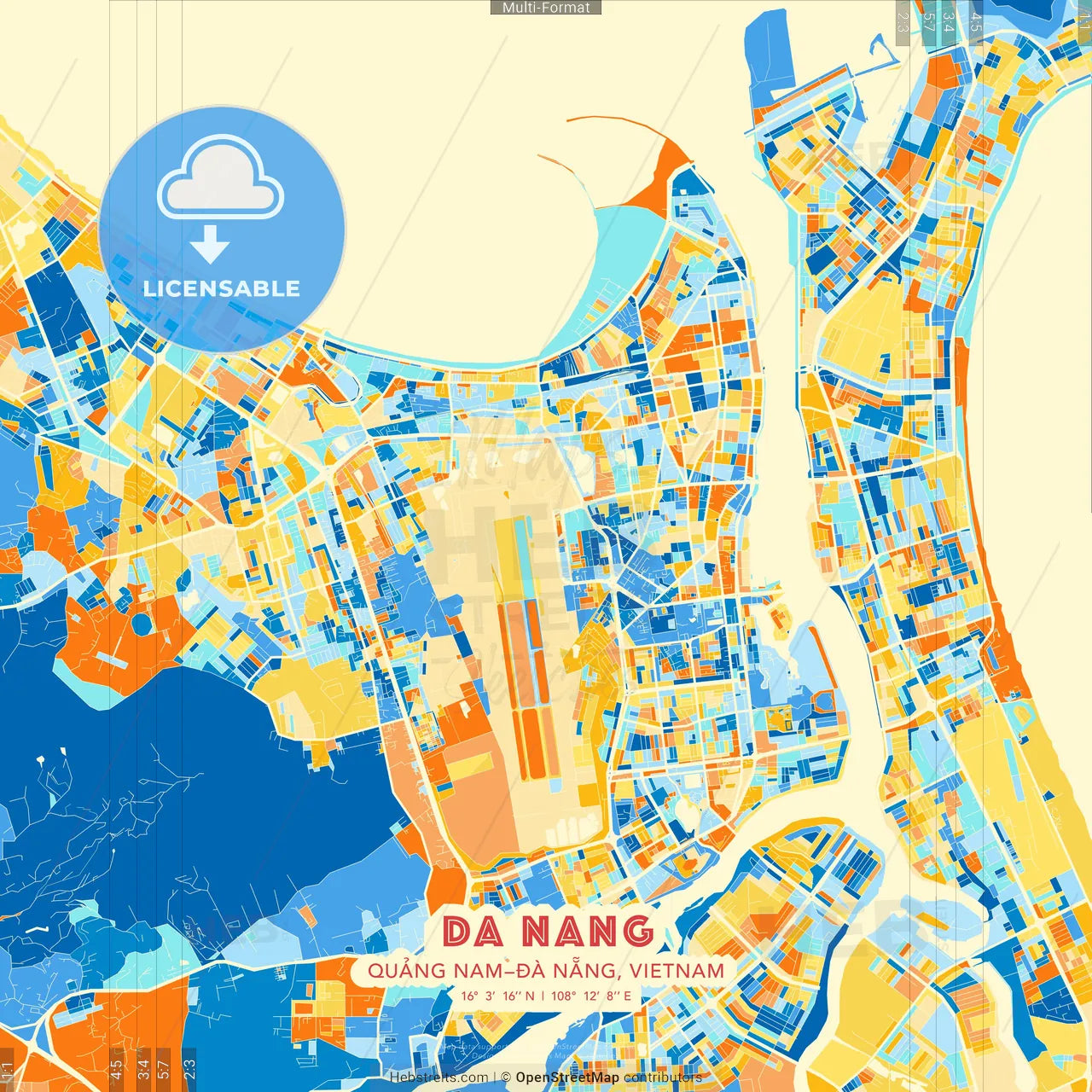 Da Nang, Quảng Nam–Đà Nẵng, Vietnam blue and orange vector art map template