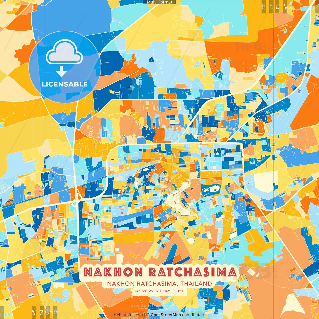Nakhon Ratchasima, Nakhon Ratchasima, Thailand blue and orange vector art map template