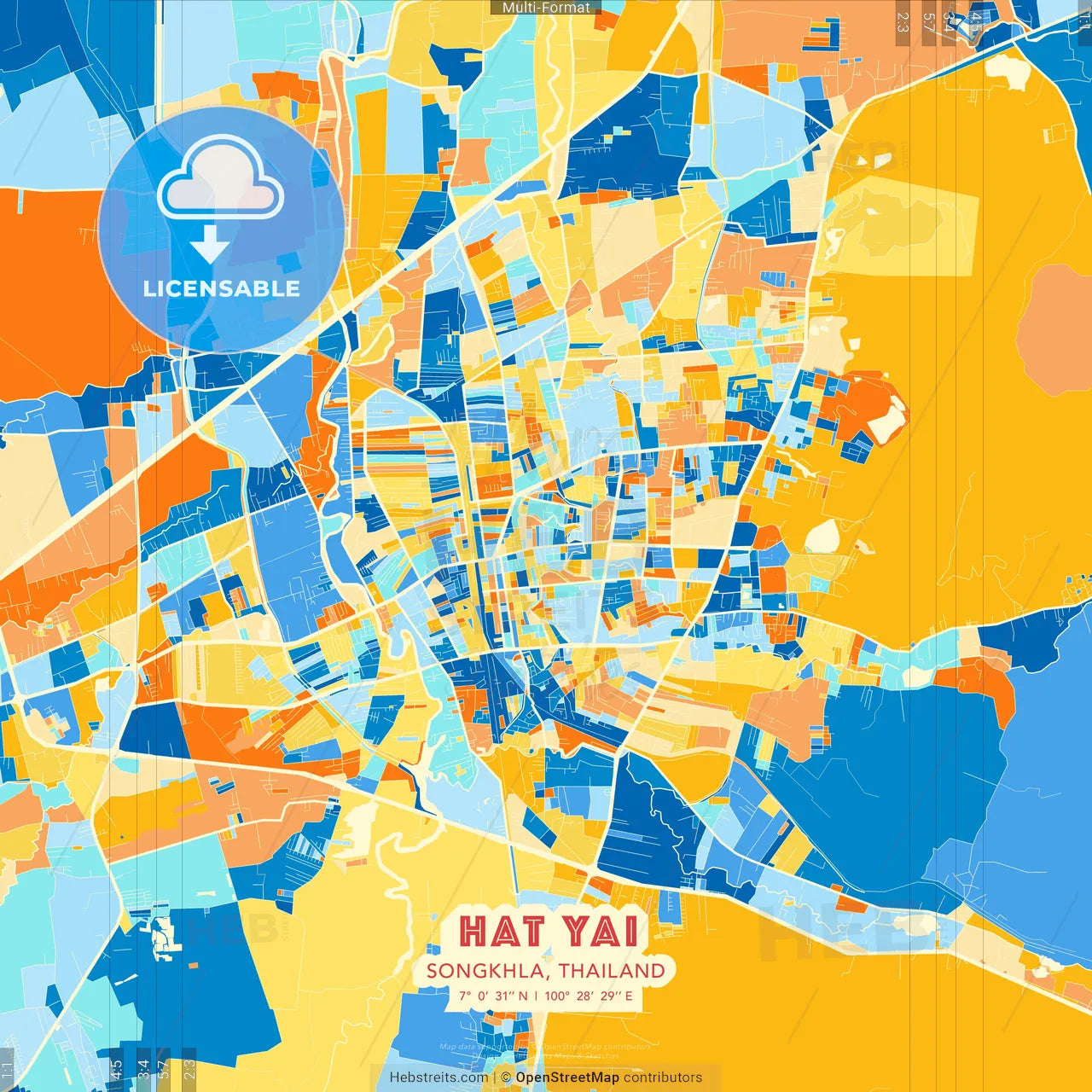 Hat Yai, Songkhla, Thailand blue and orange vector art map template