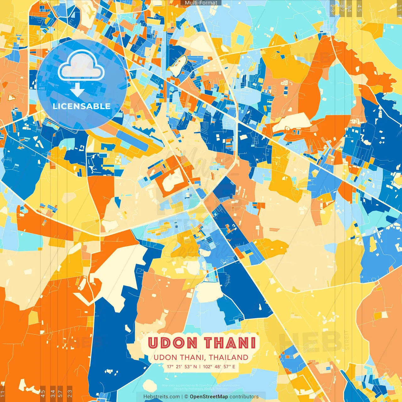 Udon Thani, Udon Thani, Thailand blue and orange vector art map template