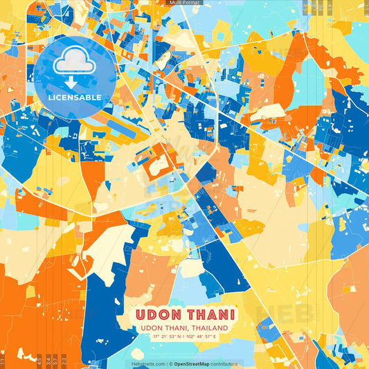 Udon Thani, Udon Thani, Thailand blue and orange vector art map template