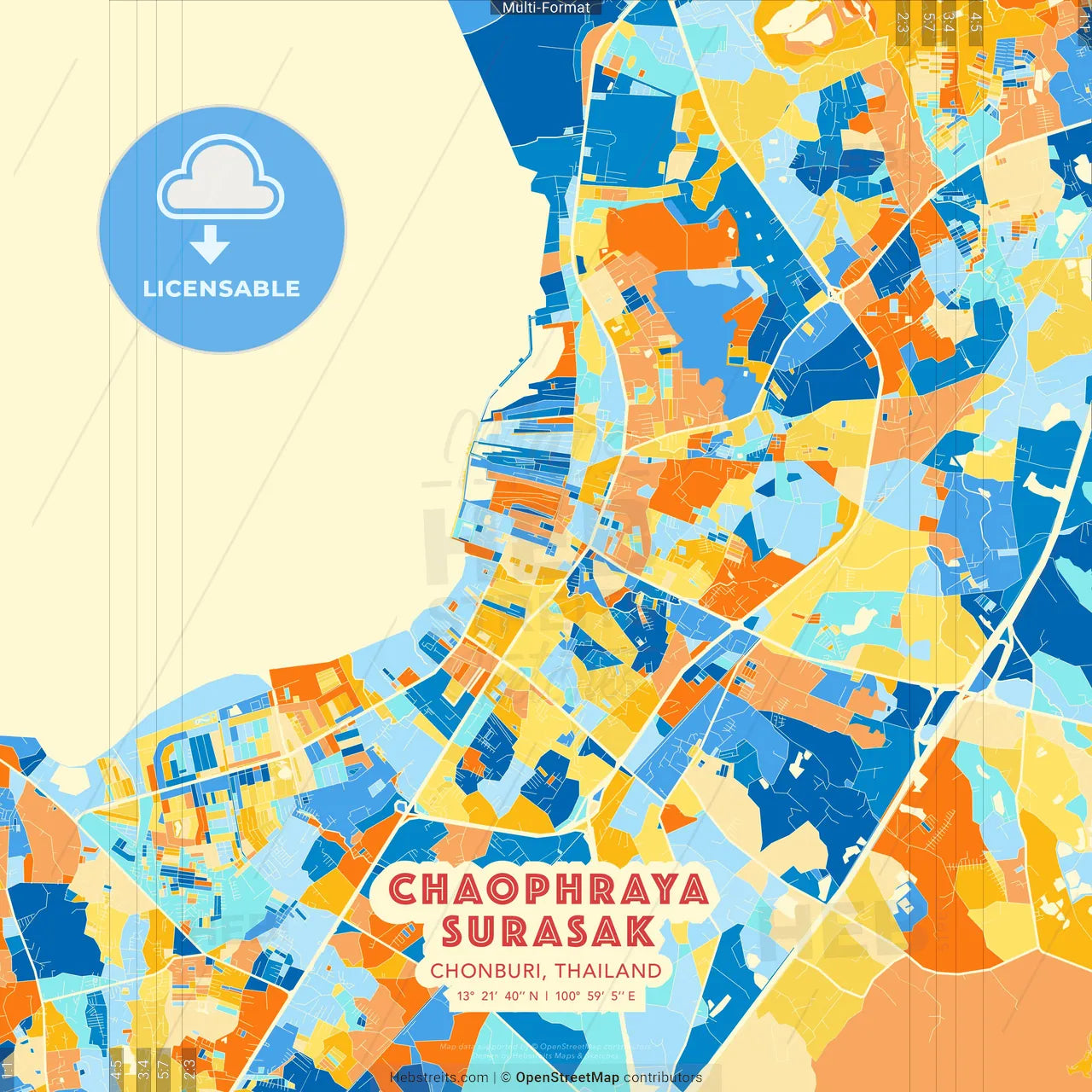 Chaophraya Surasak, Chonburi, Thailand blue and orange vector art map template