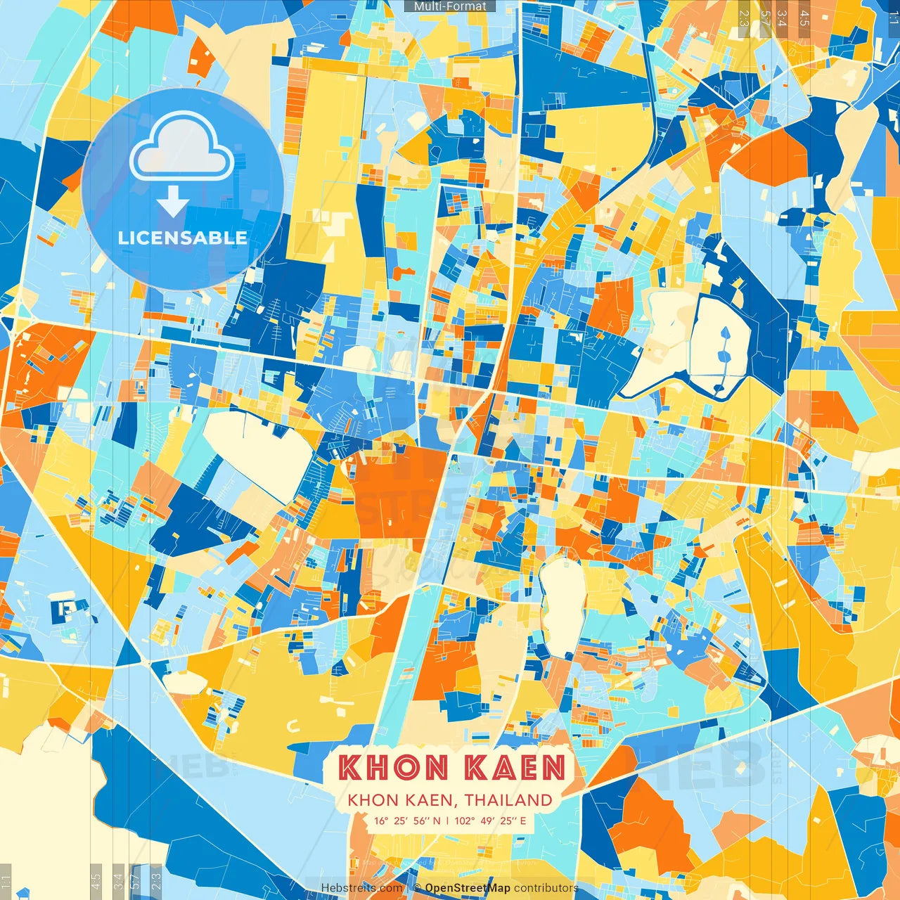 Khon Kaen, Khon Kaen, Thailand blue and orange vector art map template