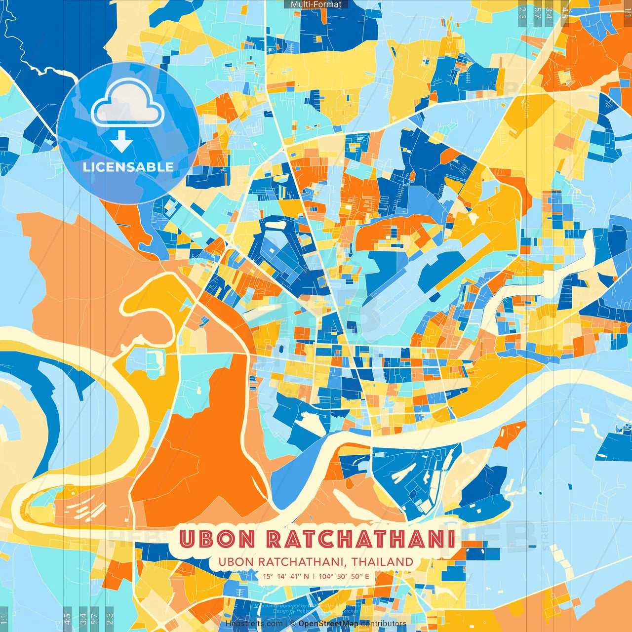 Ubon Ratchathani, Ubon Ratchathani, Thailand blue and orange vector art map template