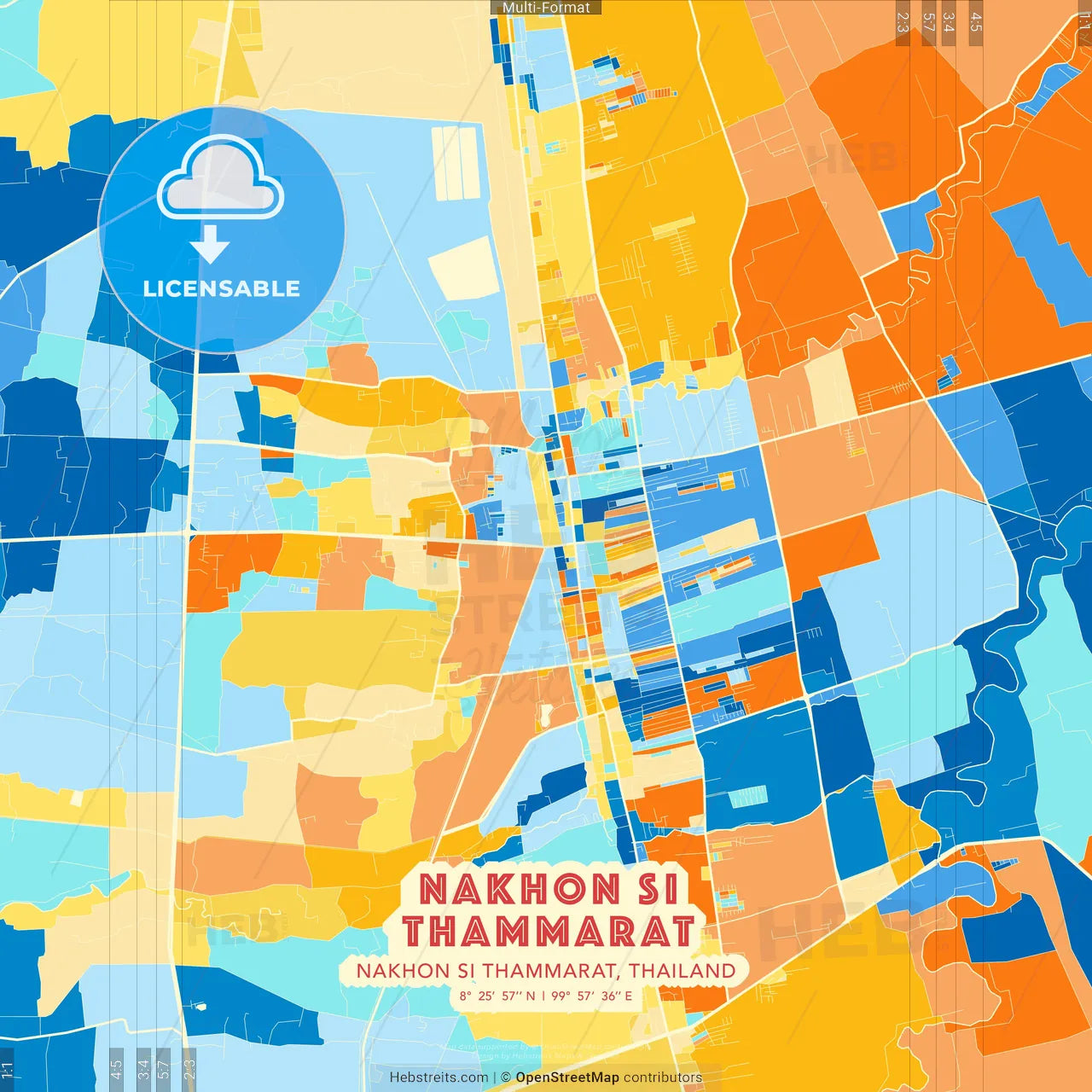 Nakhon Si Thammarat, Nakhon Si Thammarat, Thailand blue and orange vector art map template