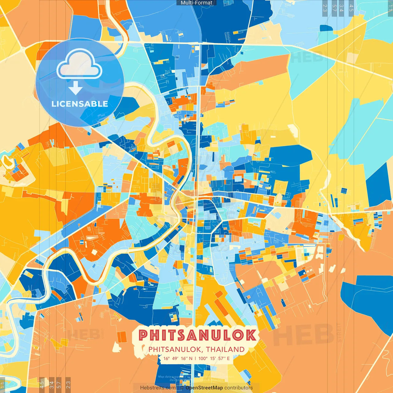 Phitsanulok, Phitsanulok, Thailand blue and orange vector art map template