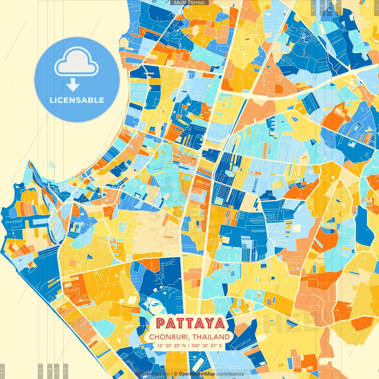 Pattaya, Chonburi, Thailand blue and orange vector art map template