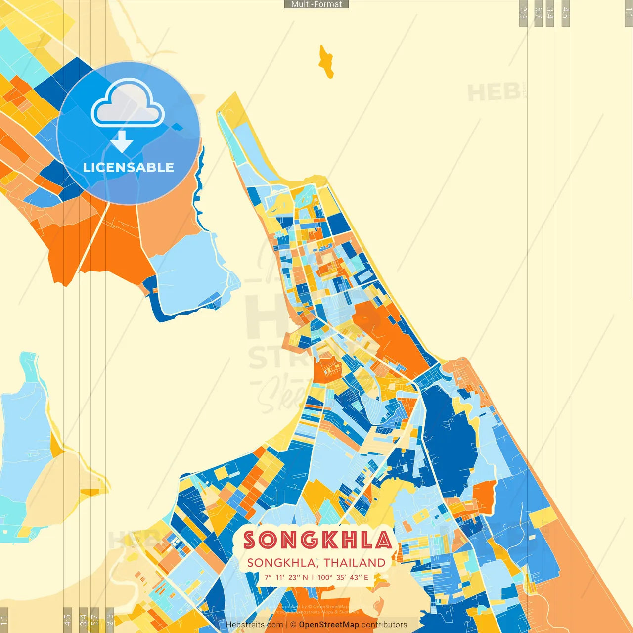 Songkhla, Songkhla, Thailand blue and orange vector art map template