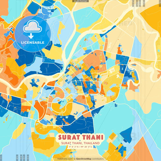 Surat Thani, Surat Thani, Thailand blue and orange vector art map template