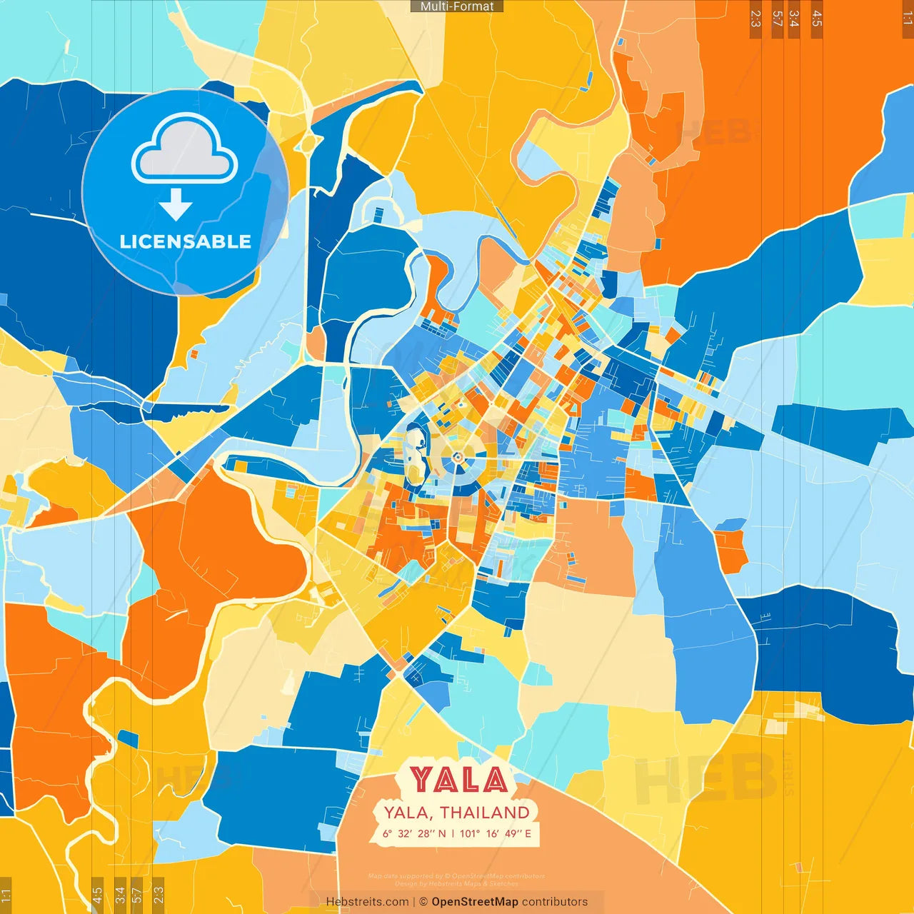 Yala, Yala, Thailand blue and orange vector art map template