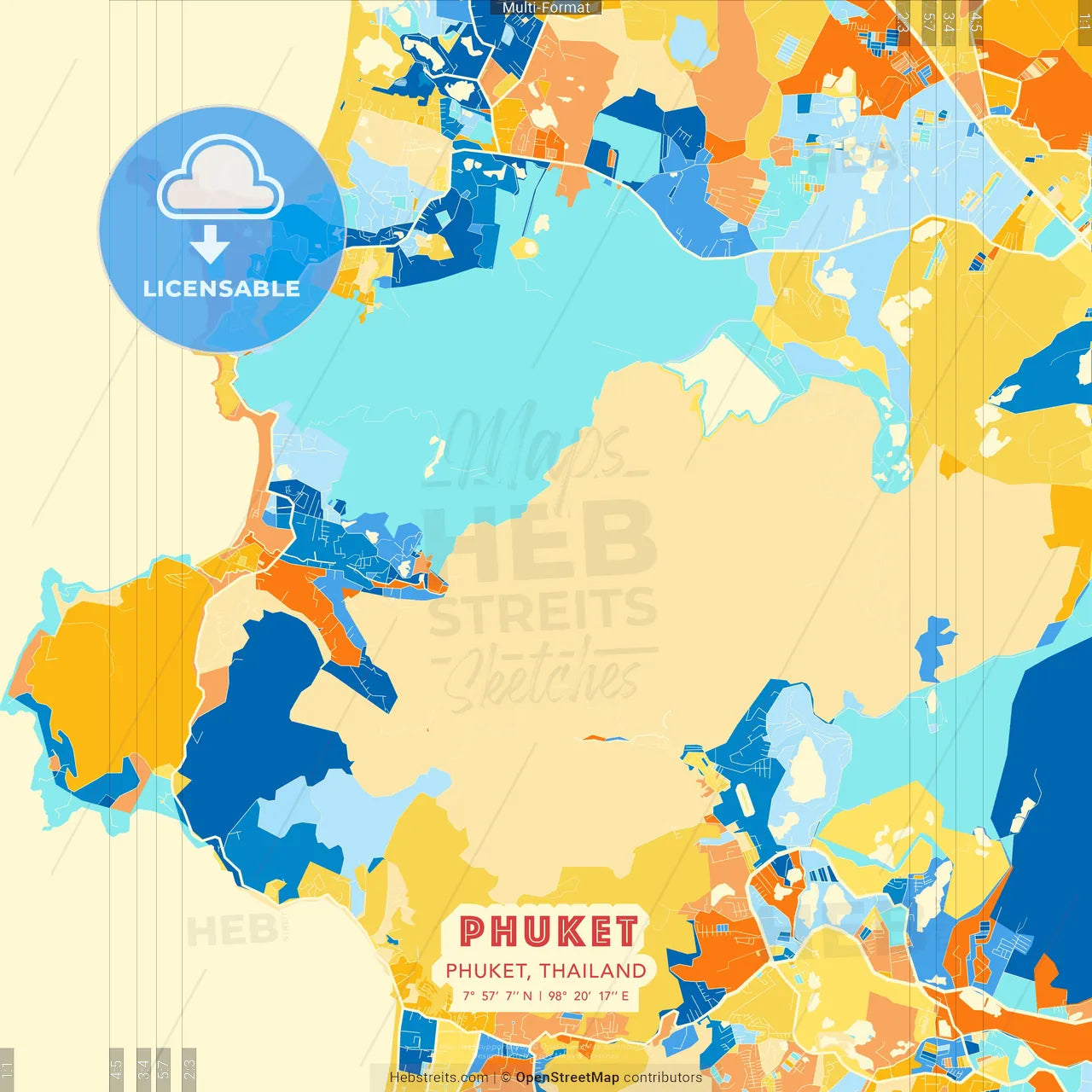 Phuket, Phuket, Thailand blue and orange vector art map template