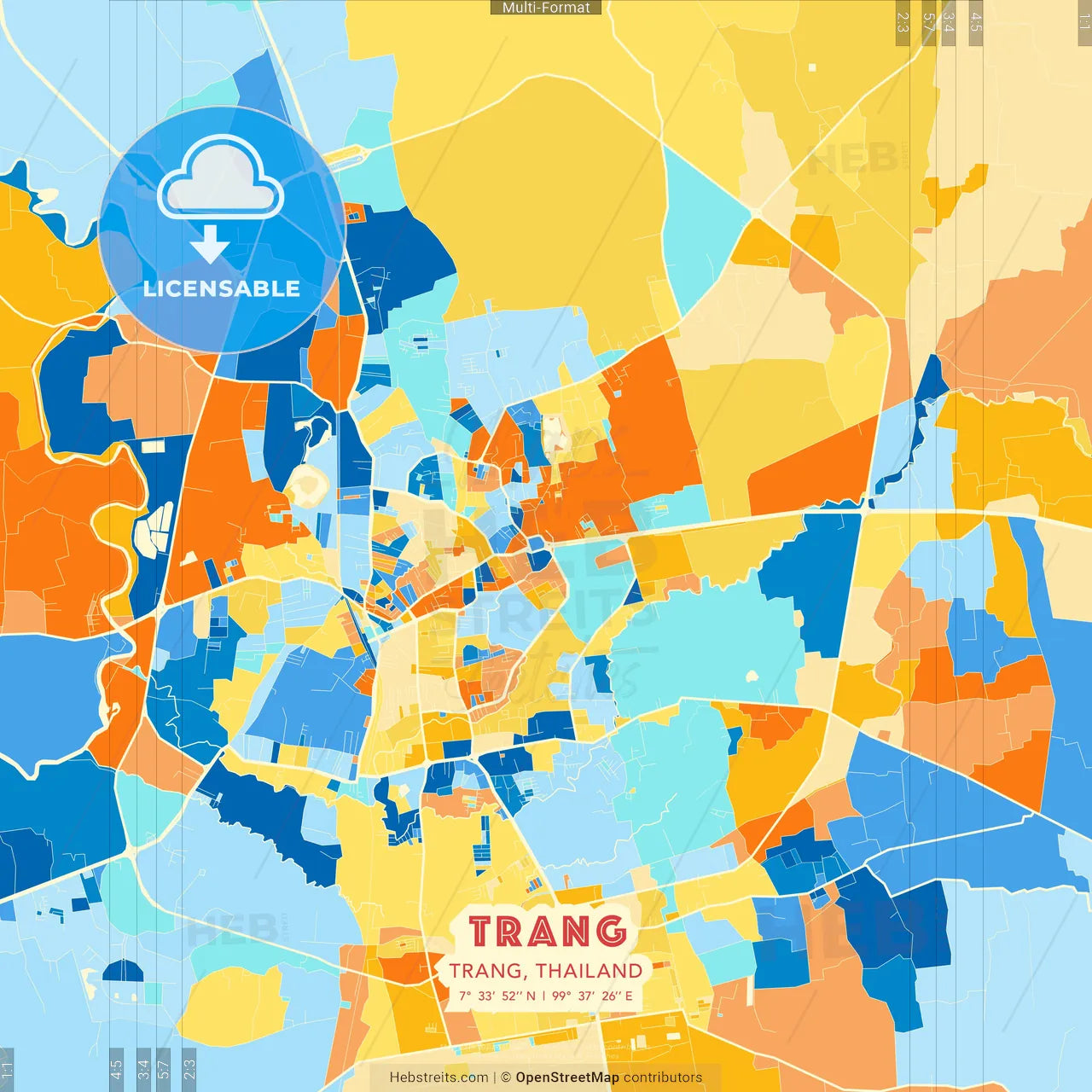 Trang, Trang, Thailand blue and orange vector art map template