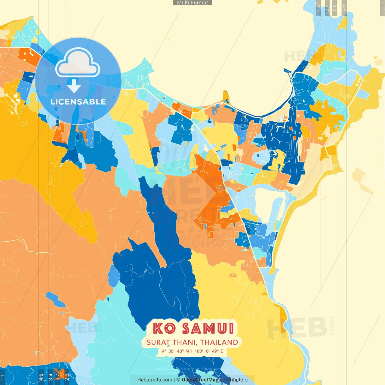 Ko Samui, Surat Thani, Thailand blue and orange vector art map template