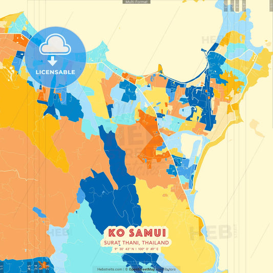 Ko Samui, Surat Thani, Thailand blue and orange vector art map template