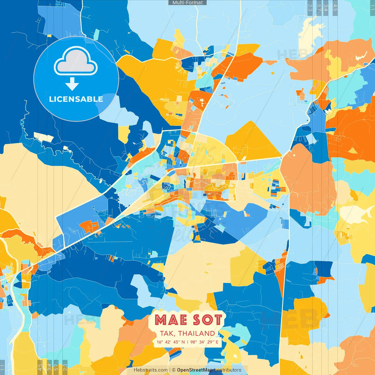 Mae Sot, Tak, Thailand blue and orange vector art map template