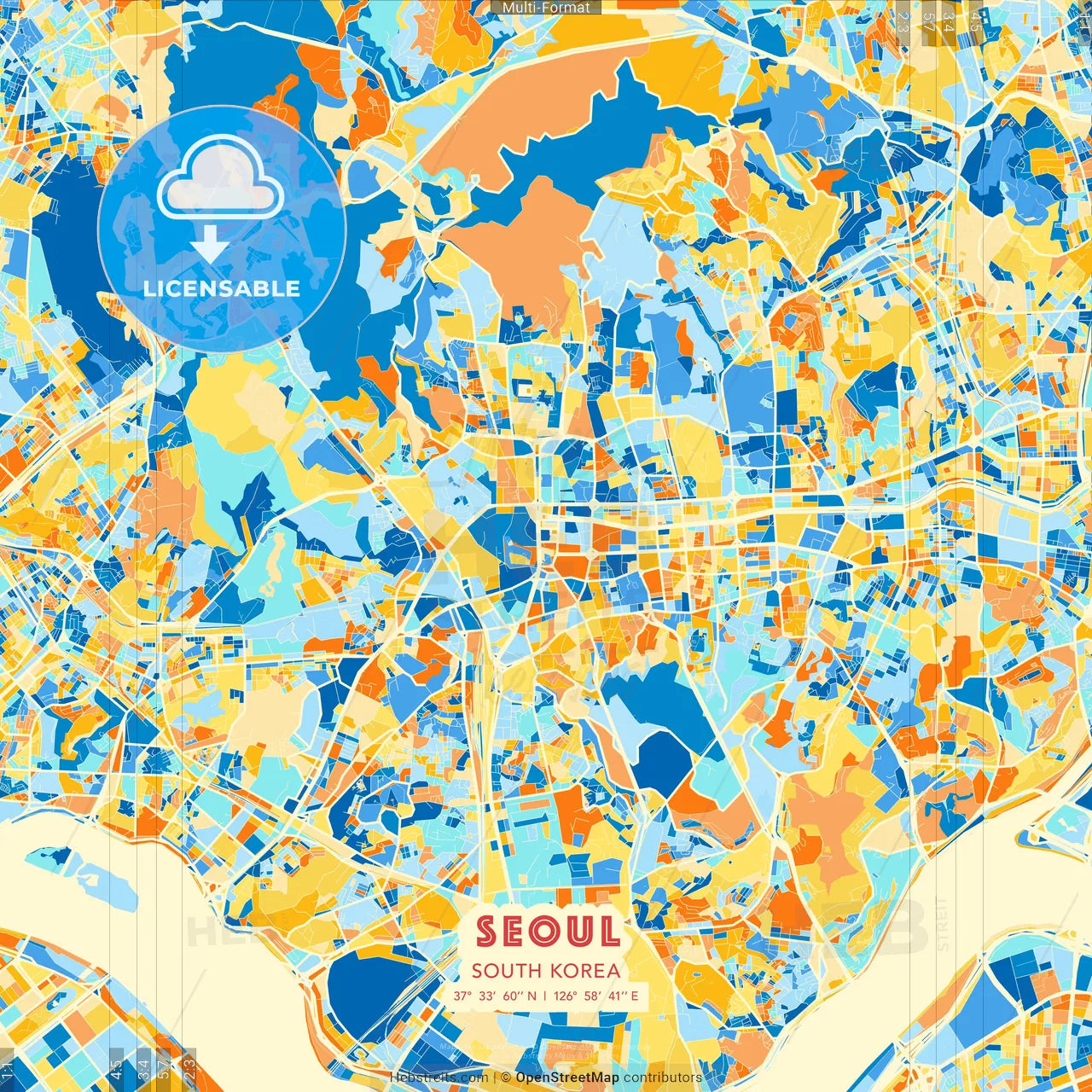 Seoul, South Korea blue and orange vector art map template