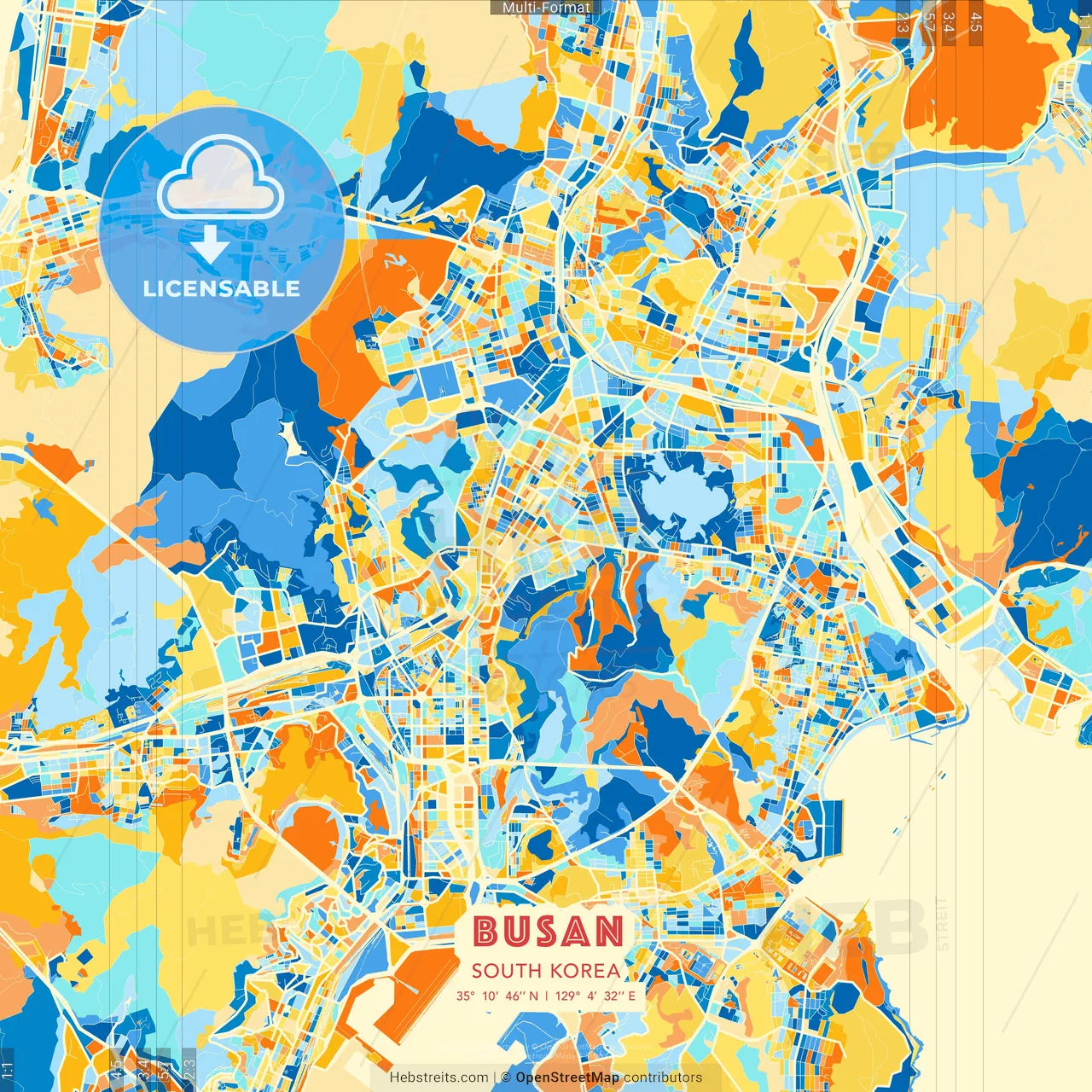 Busan, South Korea blue and orange vector art map template