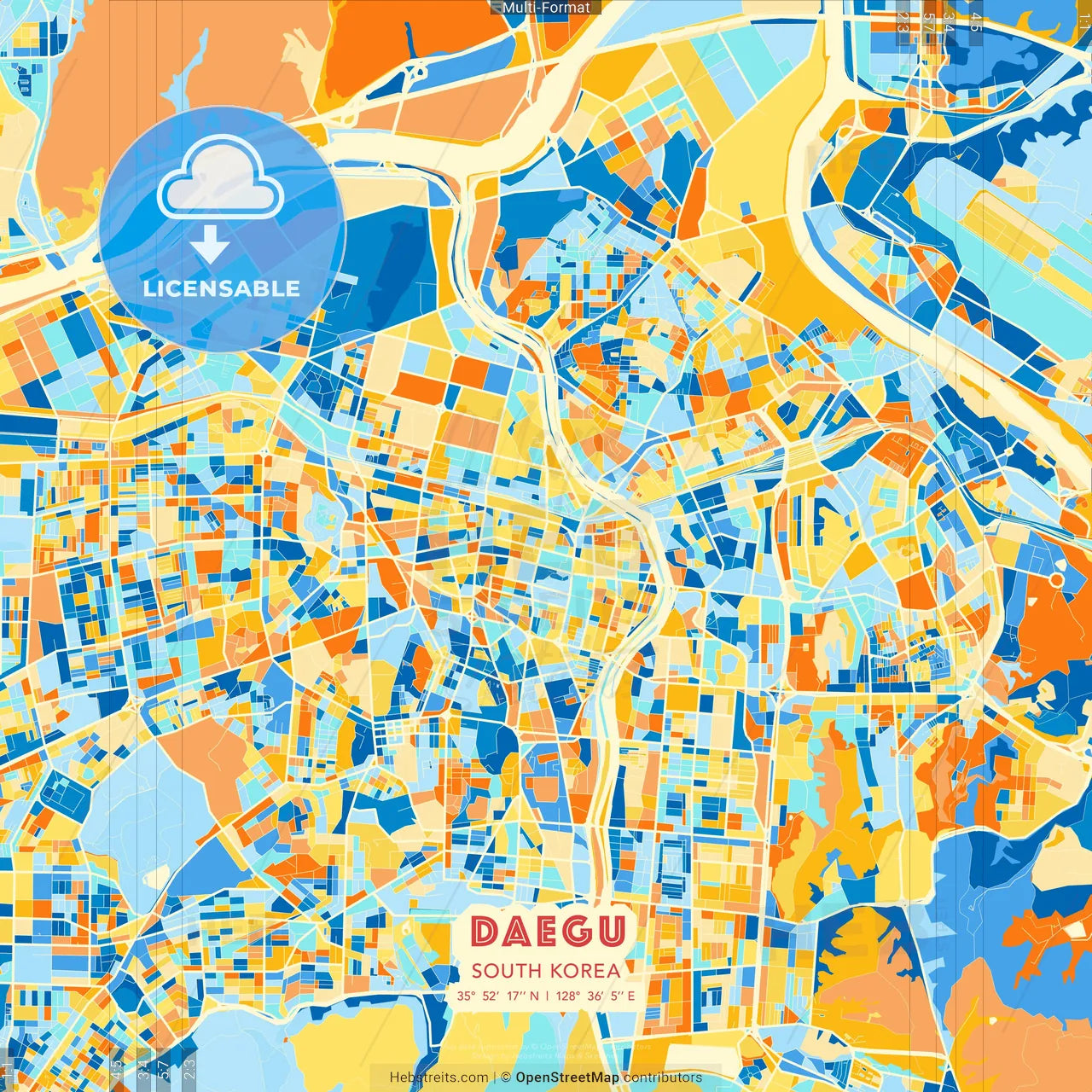 Daegu, South Korea blue and orange vector art map template