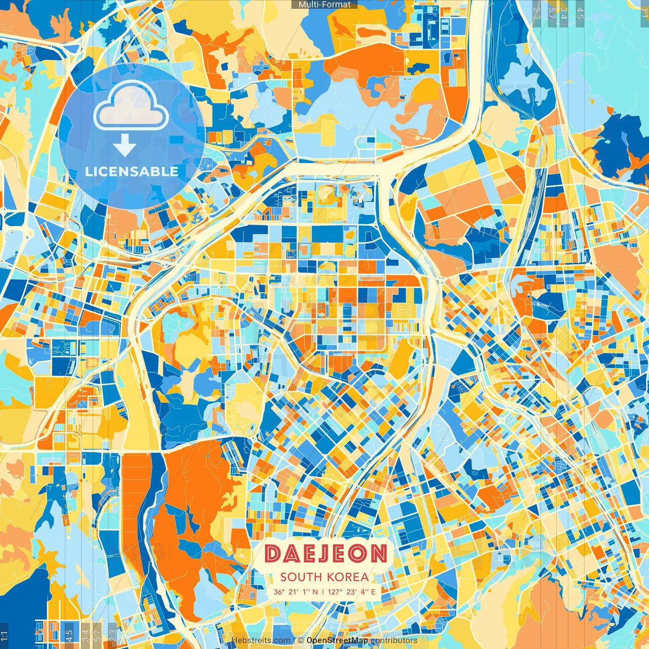 Daejeon, South Korea blue and orange vector art map template