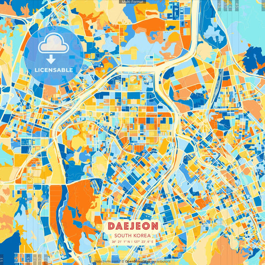 Daejeon, South Korea blue and orange vector art map template