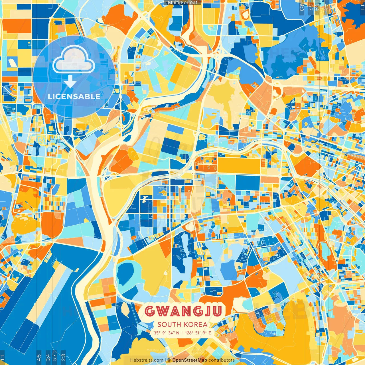Gwangju, South Korea blue and orange vector art map template
