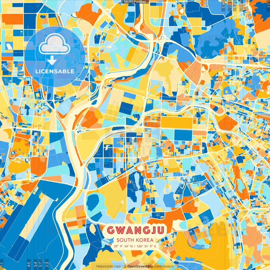Gwangju, South Korea blue and orange vector art map template