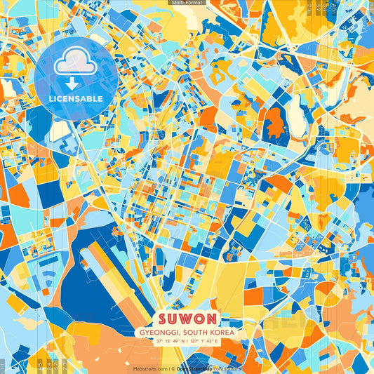 Suwon, Gyeonggi, South Korea blue and orange vector art map template
