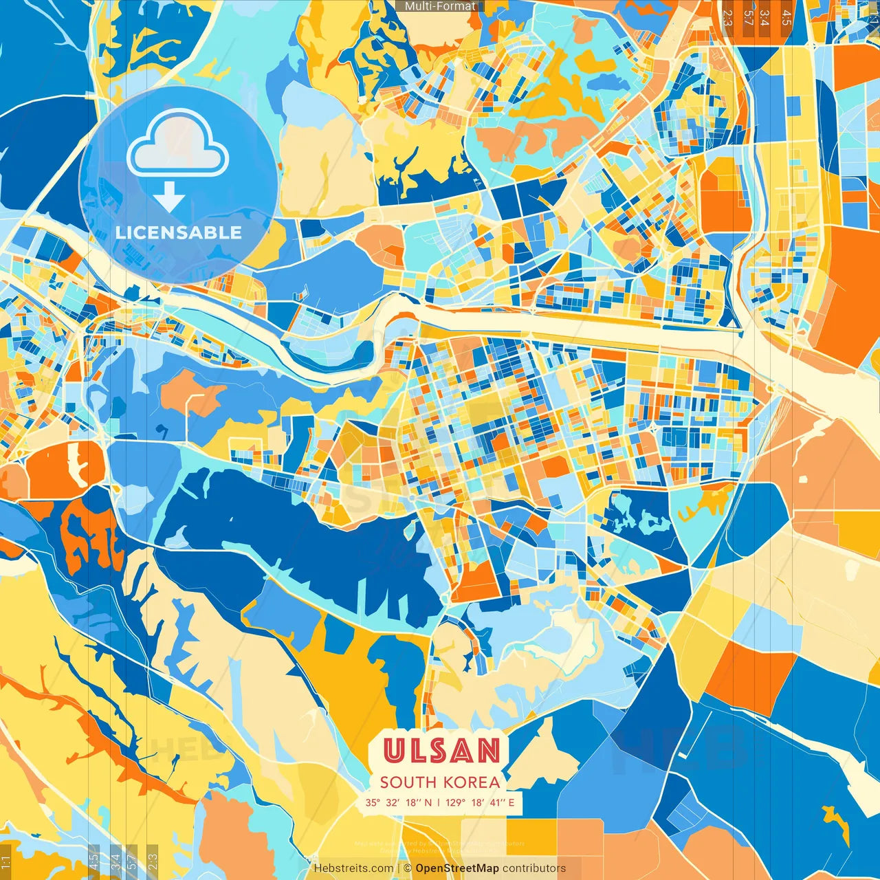 Ulsan, South Korea blue and orange vector art map template