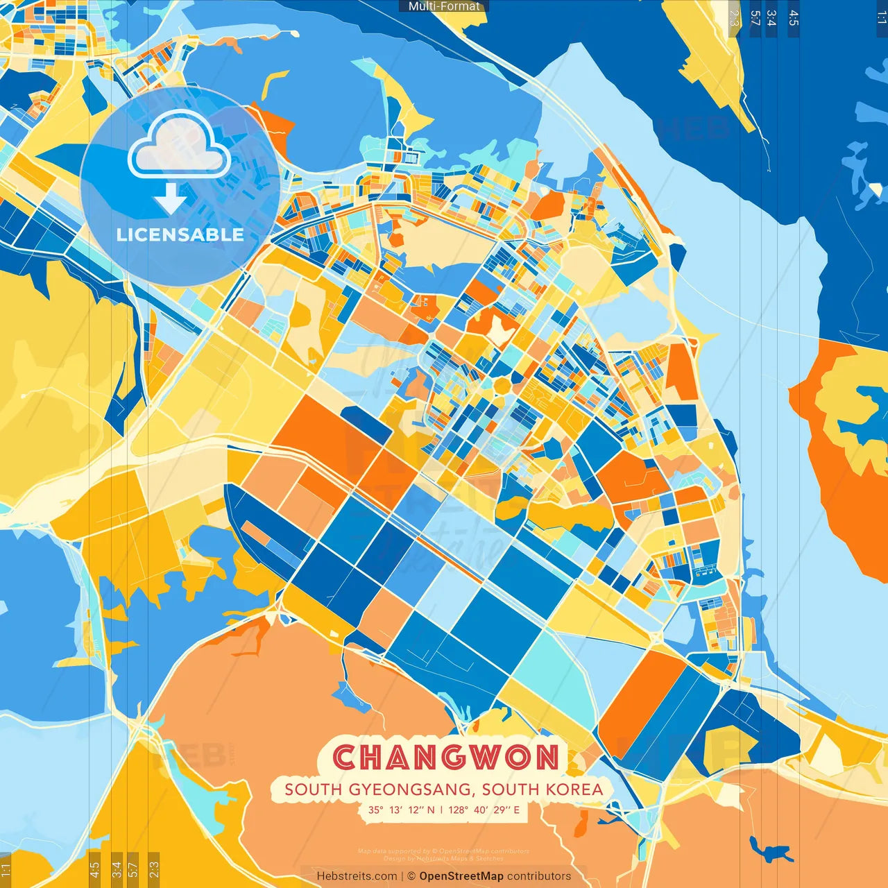 Changwon, South Gyeongsang, South Korea blue and orange vector art map template