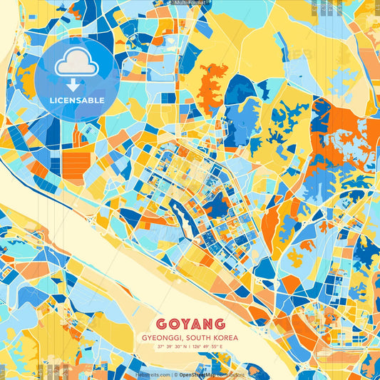 Goyang, Gyeonggi, South Korea blue and orange vector art map template