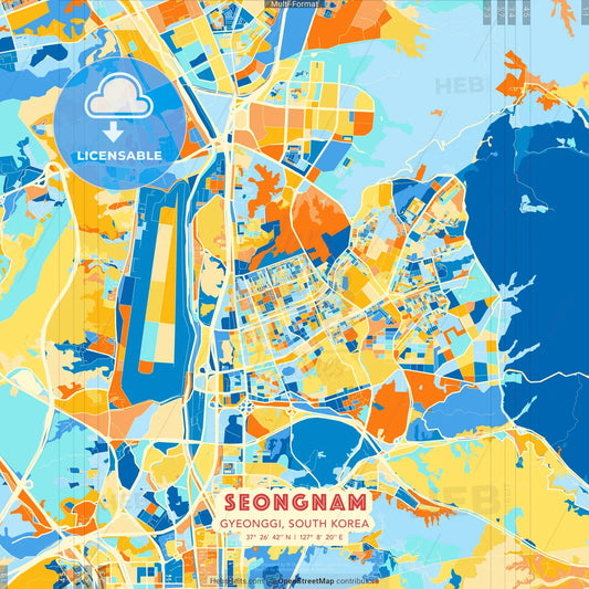 Seongnam, Gyeonggi, South Korea blue and orange vector art map template