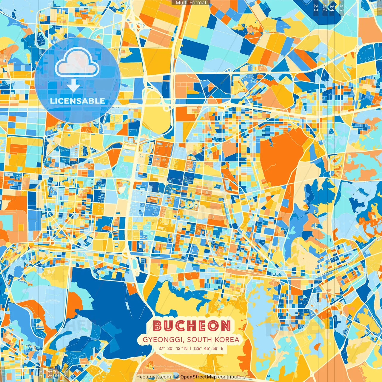 Bucheon, Gyeonggi, South Korea blue and orange vector art map template