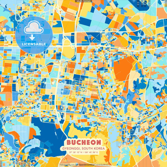 Bucheon, Gyeonggi, South Korea blue and orange vector art map template