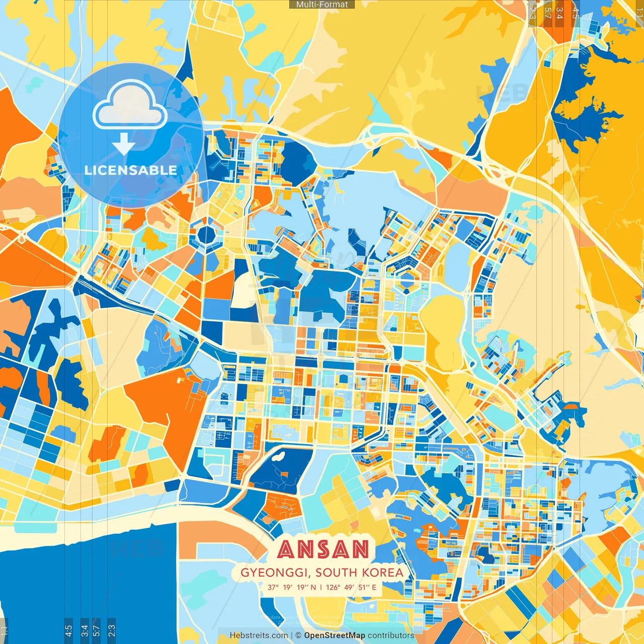 Ansan, Gyeonggi, South Korea blue and orange vector art map template