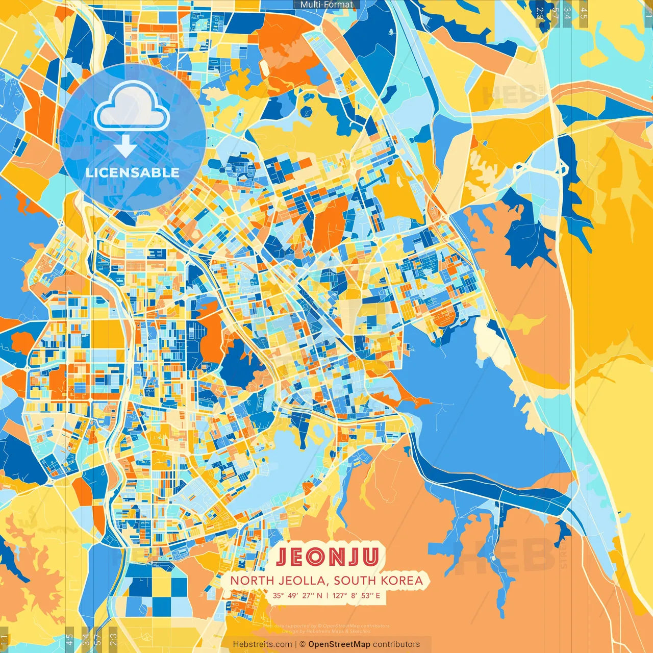 Jeonju, North Jeolla, South Korea blue and orange vector art map template