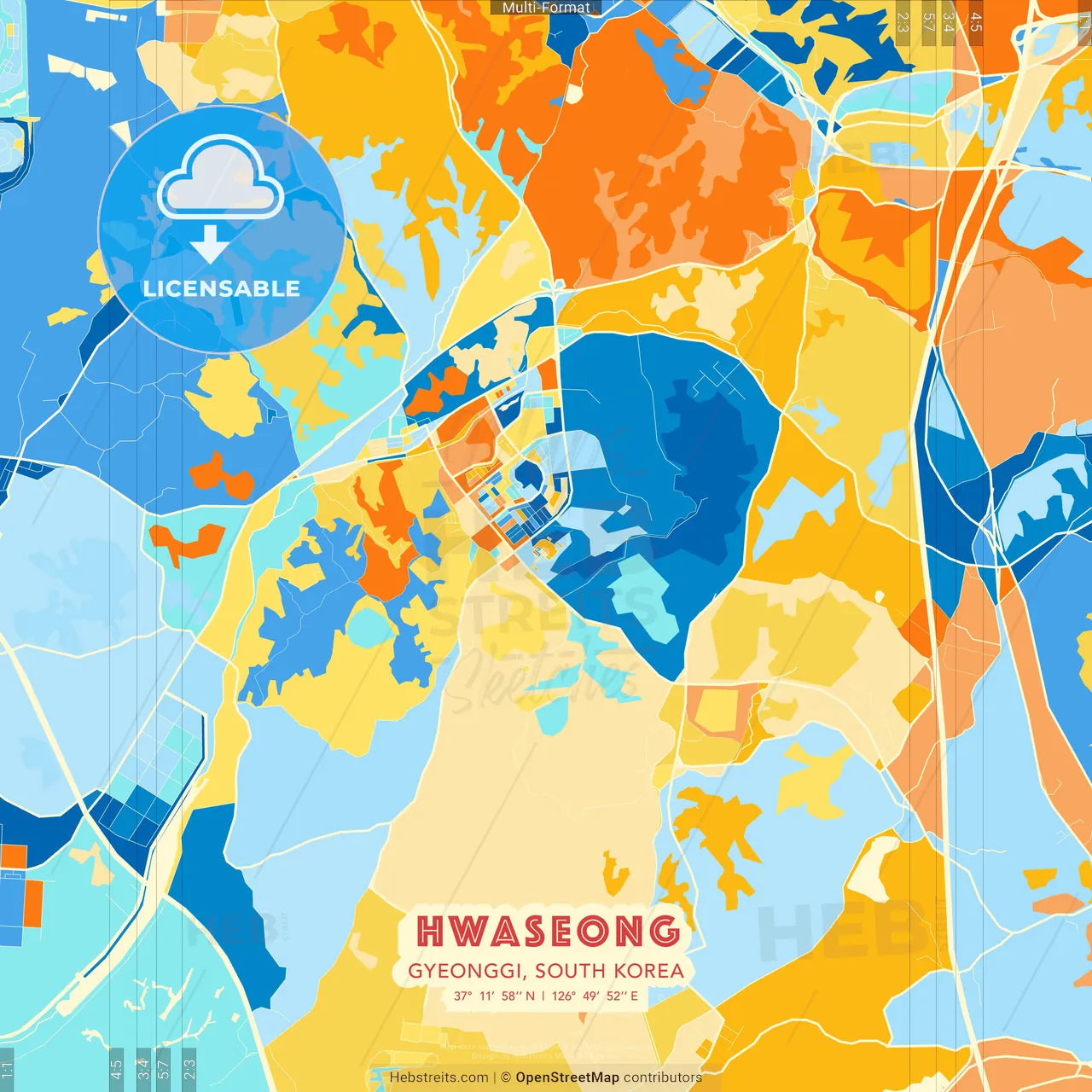 Hwaseong, Gyeonggi, South Korea blue and orange vector art map template