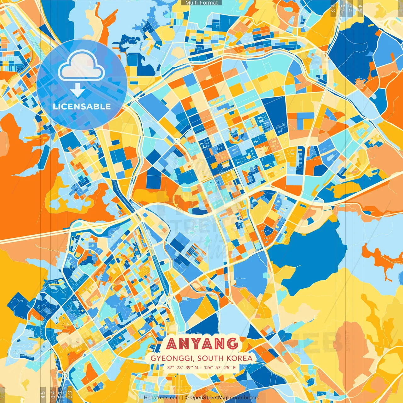 Anyang, Gyeonggi, South Korea blue and orange vector art map template
