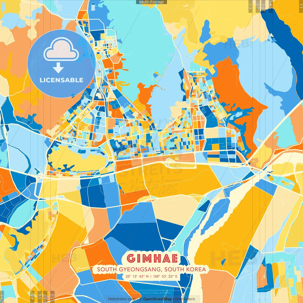 Gimhae, South Gyeongsang, South Korea blue and orange vector art map template