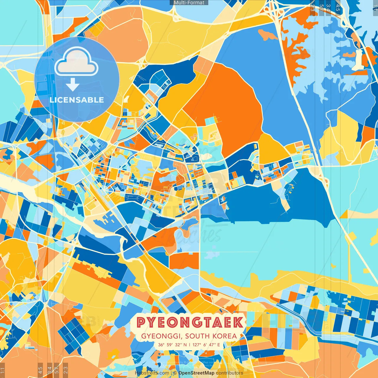Pyeongtaek, Gyeonggi, South Korea blue and orange vector art map template