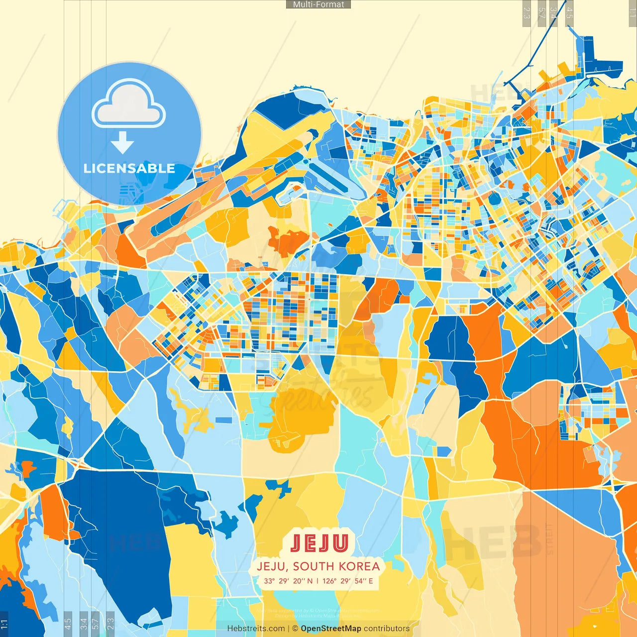 Jeju, Jeju, South Korea blue and orange vector art map template