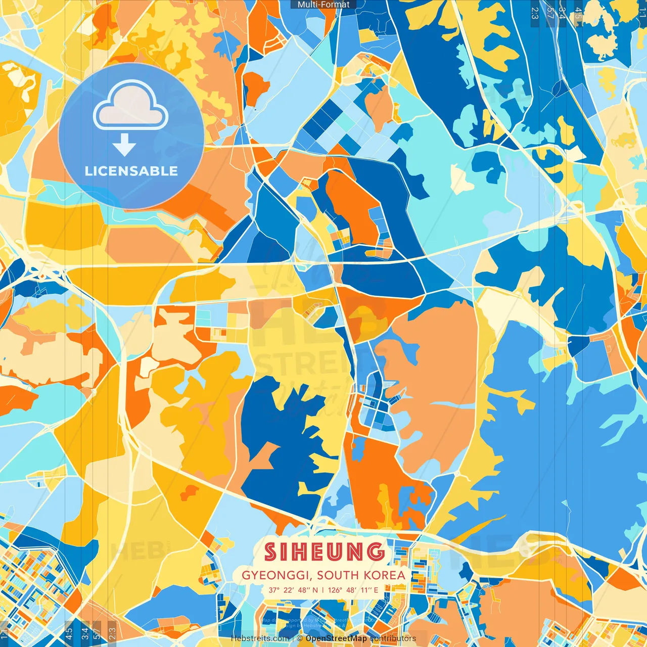 Siheung, Gyeonggi, South Korea blue and orange vector art map template