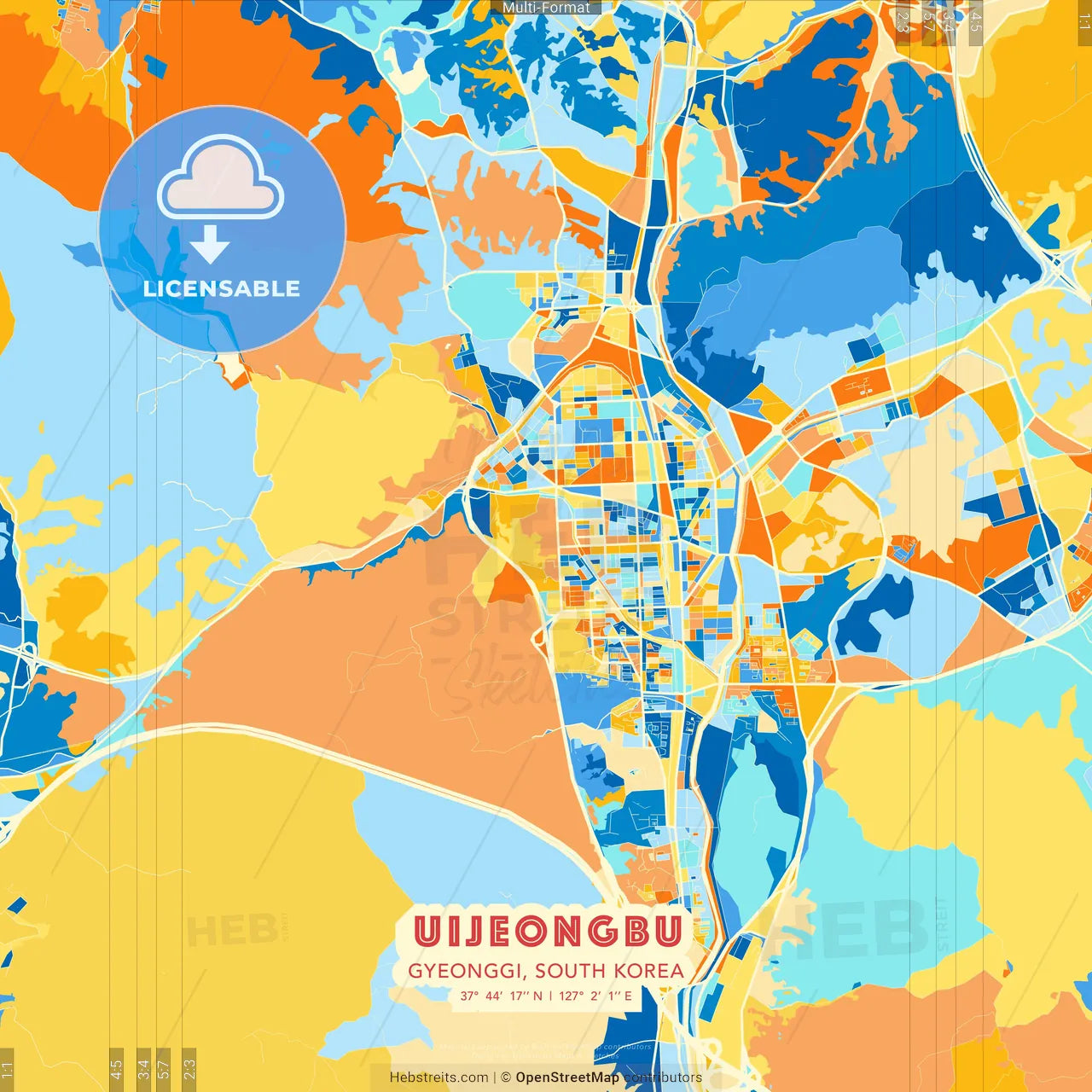 Uijeongbu, Gyeonggi, South Korea blue and orange vector art map template