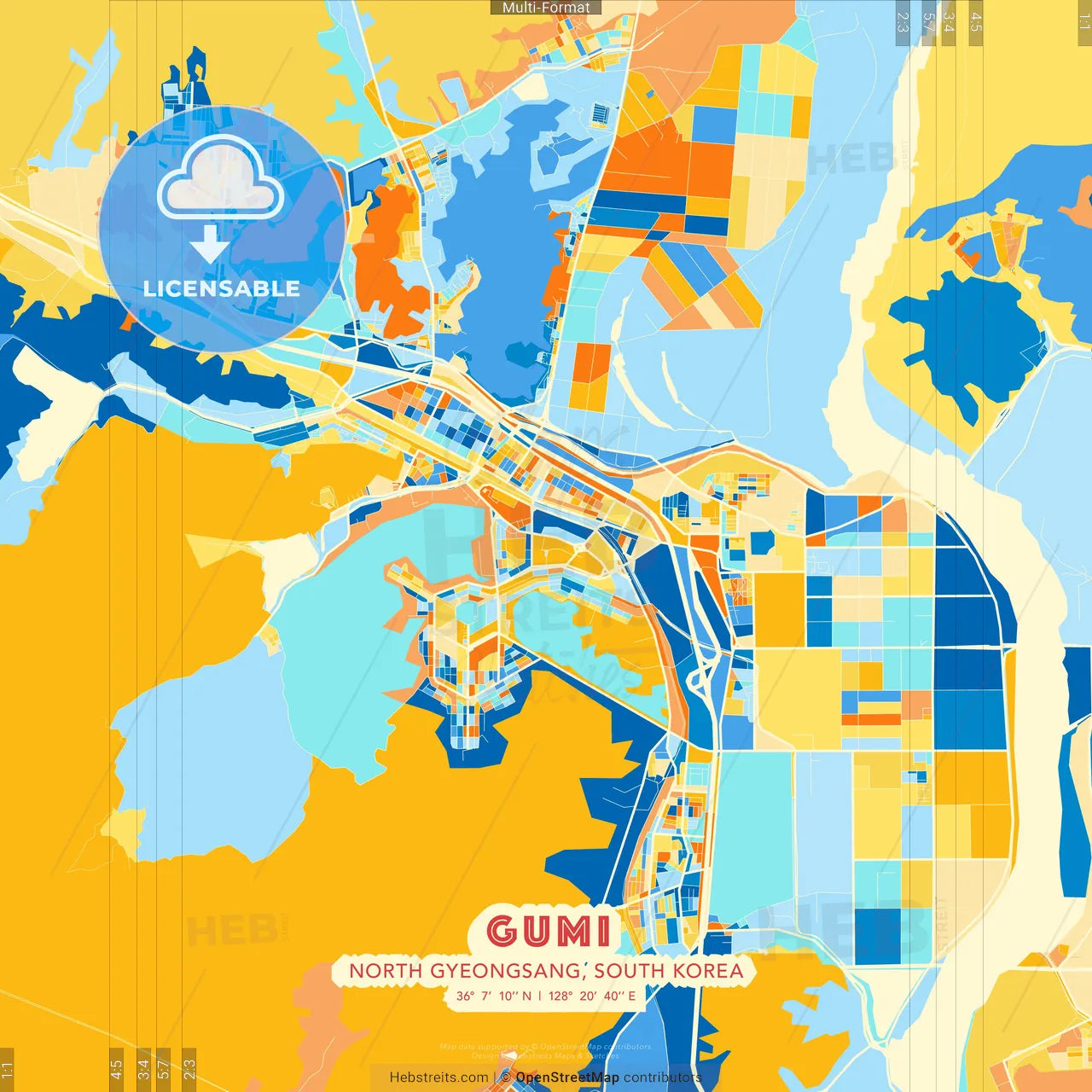 Gumi, North Gyeongsang, South Korea blue and orange vector art map template