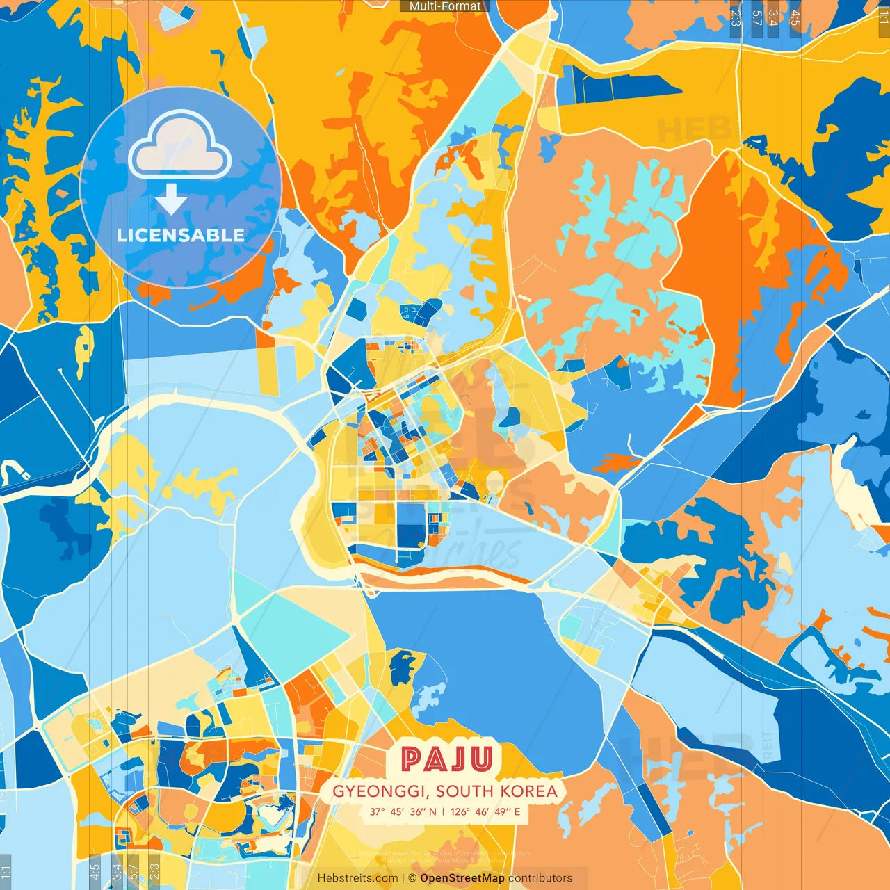 Paju, Gyeonggi, South Korea blue and orange vector art map template
