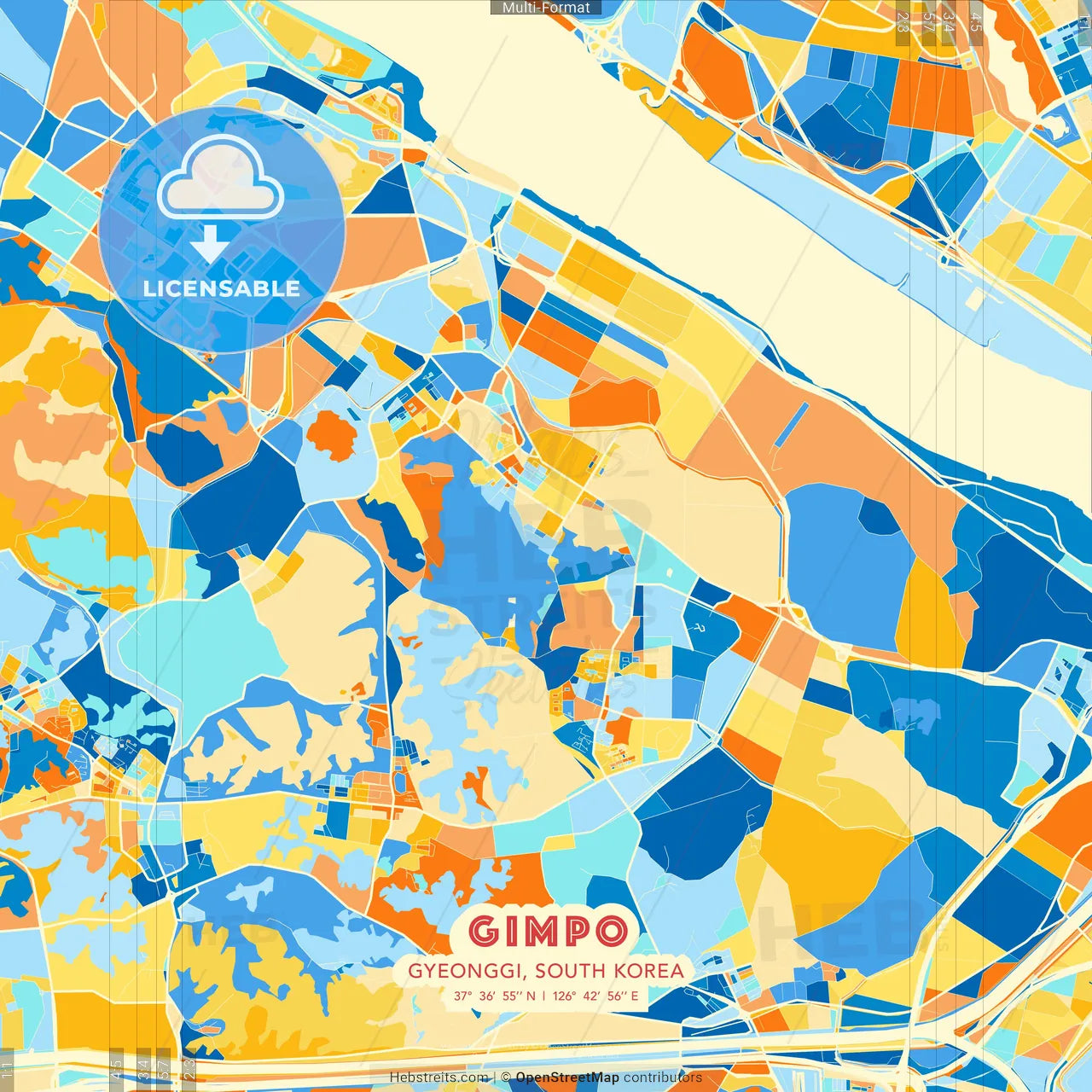 Gimpo, Gyeonggi, South Korea blue and orange vector art map template
