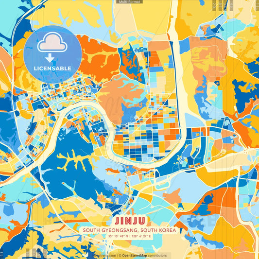Jinju, South Gyeongsang, South Korea blue and orange vector art map template